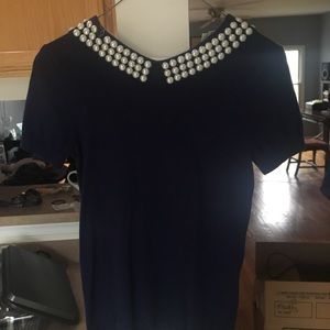 KS Navy Blouse with Pearl Accents
